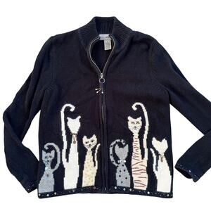Vtg 1990s DESIGNERS ORIGINALS Cat Beaded Full Zip Sweater Size Small